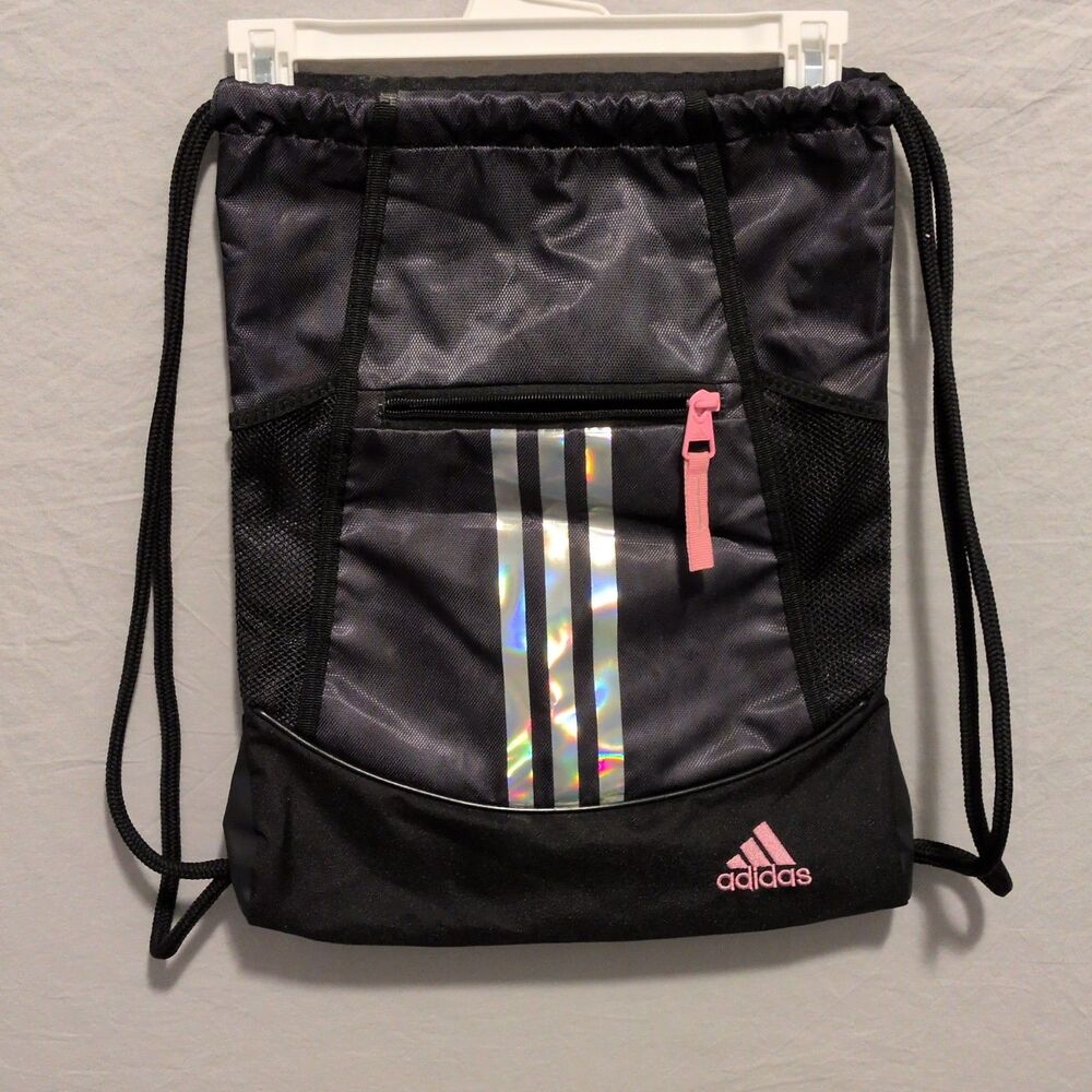 Adidas Drawstring Gym Sack Backpack Black/Pink/Holographic Zip Pocket